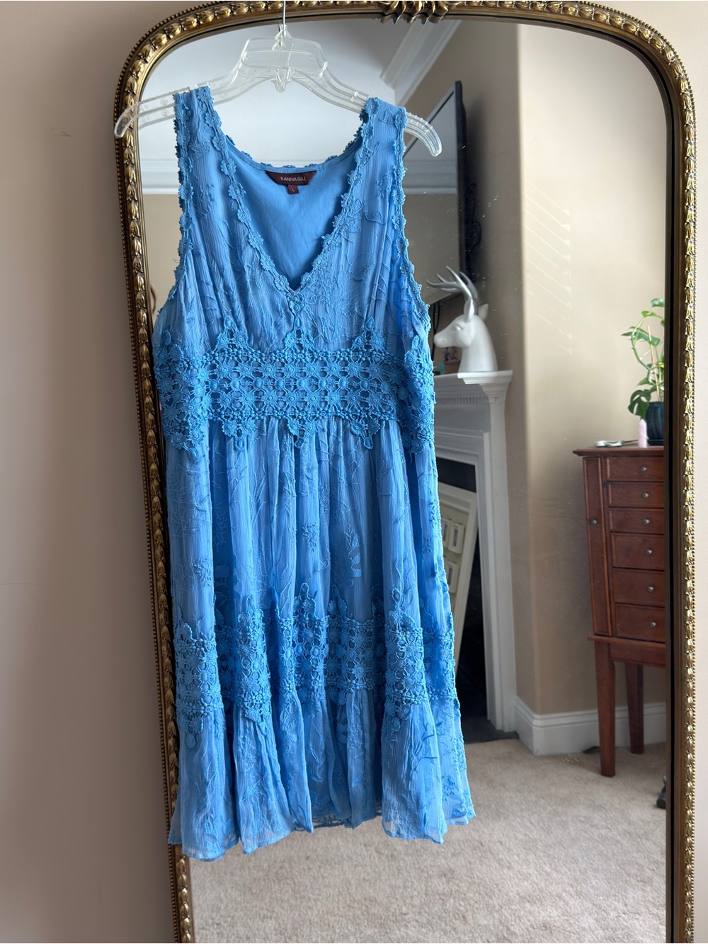 Ranna Gill Sky Blue V-Neck Crochet Midi Dress